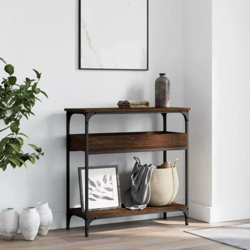 Barna tölgyszínű szerelt fa tálalóasztal polccal 75x29x75 cm