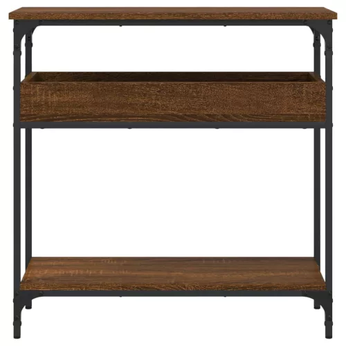 Barna tölgyszínű szerelt fa tálalóasztal polccal 75x29x75 cm
