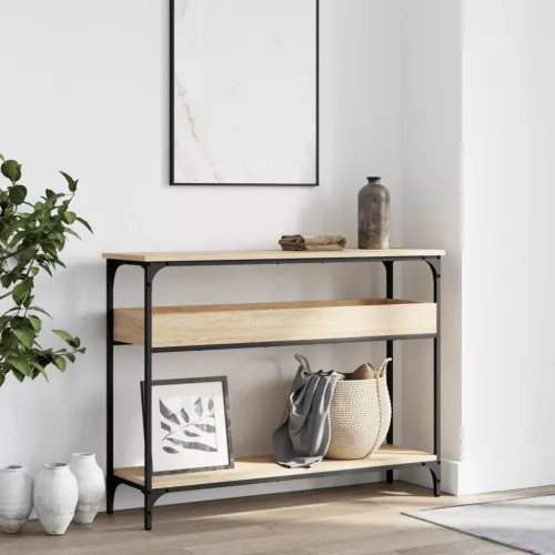 Sonoma tölgyfa konzolasztal polccal 100 x 29 x 75 cm rétegelt fából