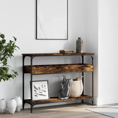 Füstös tölgy színű szerelt fa tálalóasztal polccal 100x29x75 cm