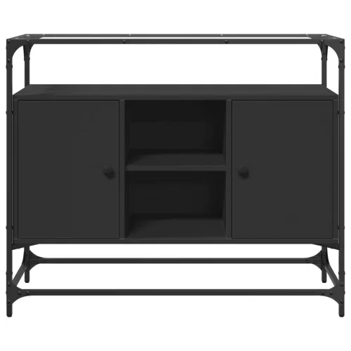 Fekete szerelt fa tálalószekrény üveglappal 98 x 35 x 81 cm