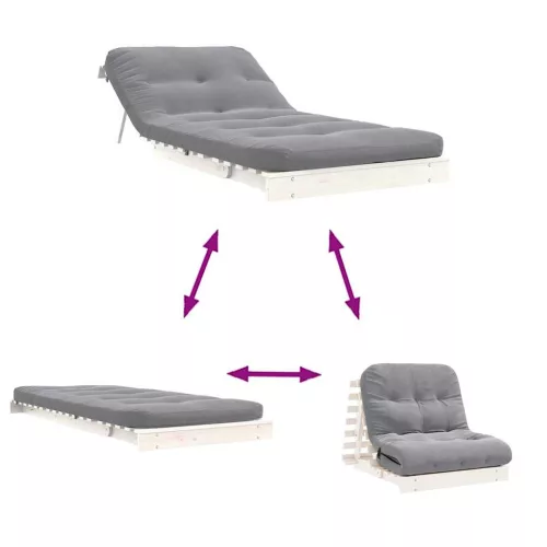 Fehér tömör fenyőfa futon kanapéágy matraccal 80 x 206 x 11 cm