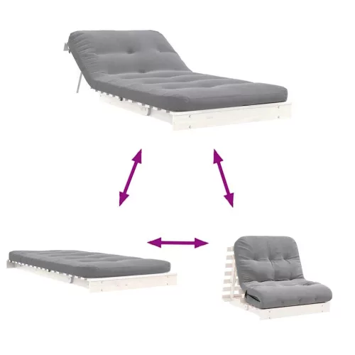 Fehér tömör fenyőfa futon kanapéágy matraccal 90 x 206 x 11 cm