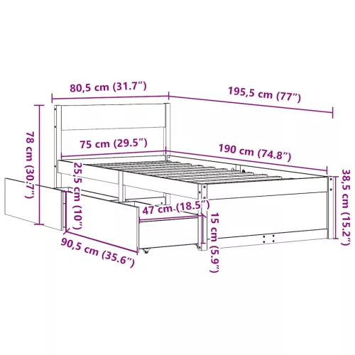 Tömör fenyőfa ágy matrac nélkül 75 x 190 cm