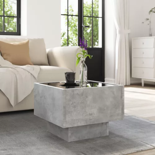 Betonszürke szerelt fa kisasztal LED-del 40 x 40 x 30 cm