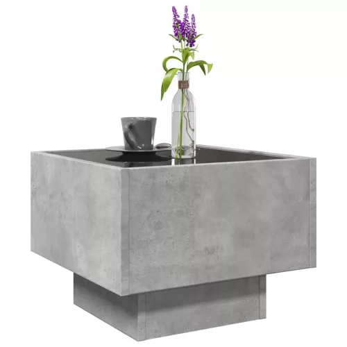 Betonszürke szerelt fa kisasztal LED-del 40 x 40 x 30 cm