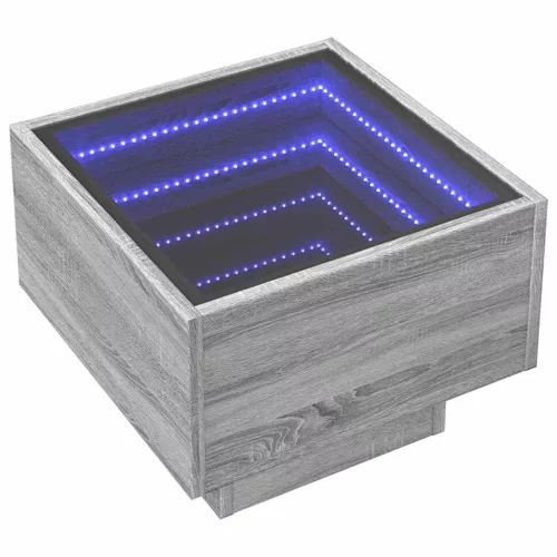 Szürke sonoma színű szerelt fa kisasztal LED-del 40x40x30 cm