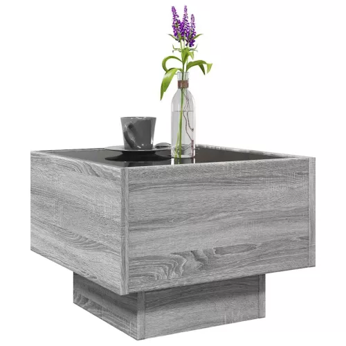 Szürke sonoma színű szerelt fa kisasztal LED-del 40x40x30 cm
