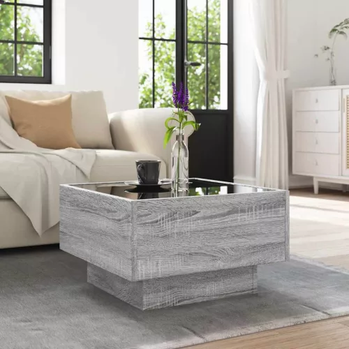 Szürke sonoma szerelt fa dohányzóasztal LED-del 50 x 50 x 30 cm