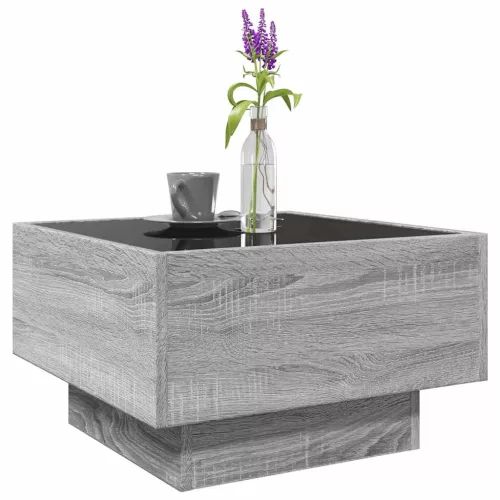 Szürke sonoma szerelt fa dohányzóasztal LED-del 50 x 50 x 30 cm