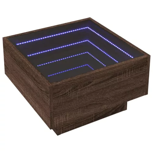 Barna tölgy szerelt fa dohányzóasztal LED-del 50 x 50 x 30 cm