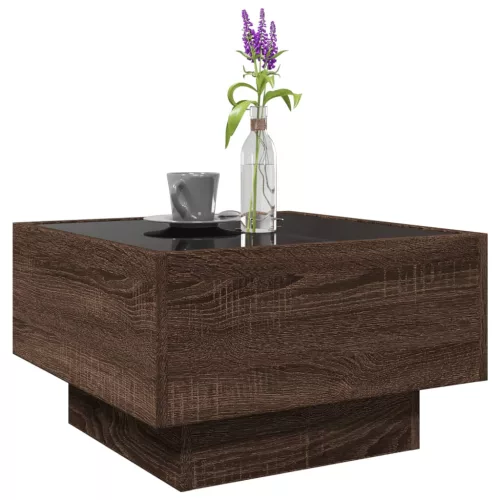 Barna tölgy szerelt fa dohányzóasztal LED-del 50 x 50 x 30 cm