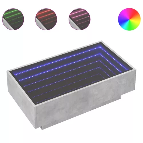 Betonszürke szerelt fa dohányzóasztal LED-del 90 x 50 x 30 cm