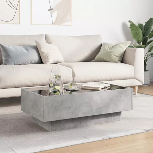 Betonszürke szerelt fa dohányzóasztal LED-del 90 x 50 x 30 cm
