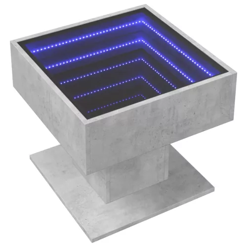 Betonszürke szerelt fa dohányzóasztal LED-del 50 x 50 x 45 cm