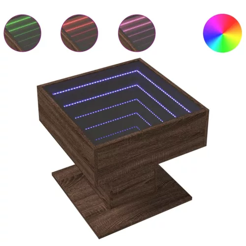Barna tölgy szerelt fa dohányzóasztal LED-del 50 x 50 x 45 cm
