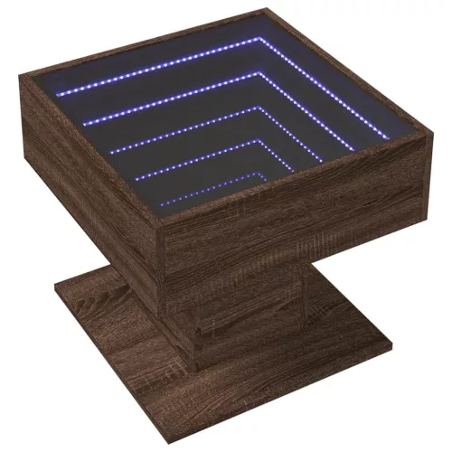 Barna tölgy szerelt fa dohányzóasztal LED-del 50 x 50 x 45 cm