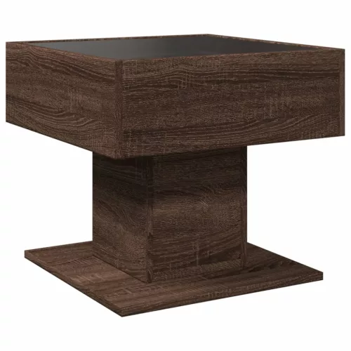 Barna tölgy szerelt fa dohányzóasztal LED-del 50 x 50 x 45 cm