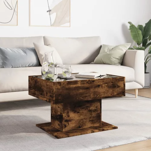 Füstös tölgy szerelt fa dohányzóasztal LED-del 70 x 50 x 45 cm