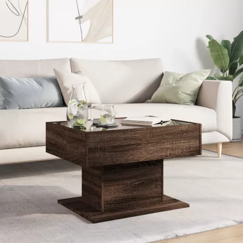 Barna tölgy szerelt fa dohányzóasztal LED-del 70 x 50 x 45 cm