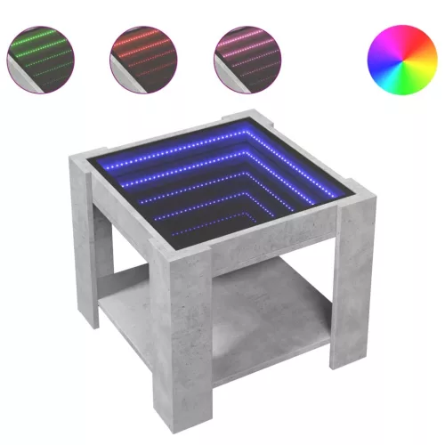 Betonszürke szerelt fa dohányzóasztal LED-del 53 x 53 x 45 cm