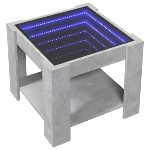 Betonszürke szerelt fa dohányzóasztal LED-del 53 x 53 x 45 cm