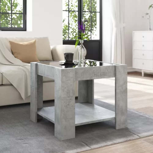Betonszürke szerelt fa dohányzóasztal LED-del 53 x 53 x 45 cm