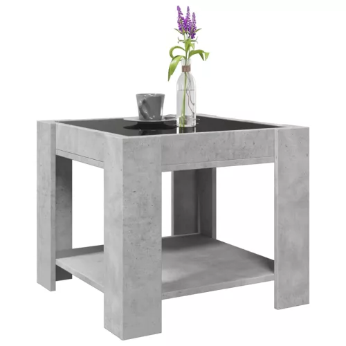 Betonszürke szerelt fa dohányzóasztal LED-del 53 x 53 x 45 cm