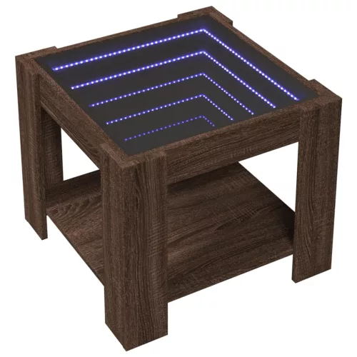 Barna tölgy szerelt fa dohányzóasztal LED-del 53 x 53 x 45 cm