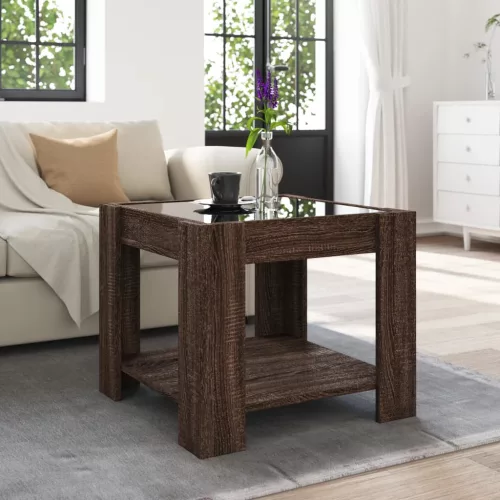 Barna tölgy szerelt fa dohányzóasztal LED-del 53 x 53 x 45 cm