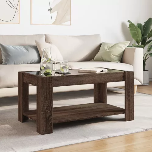 Barna tölgy szerelt fa dohányzóasztal LED-del 93 x 53 x 45 cm
