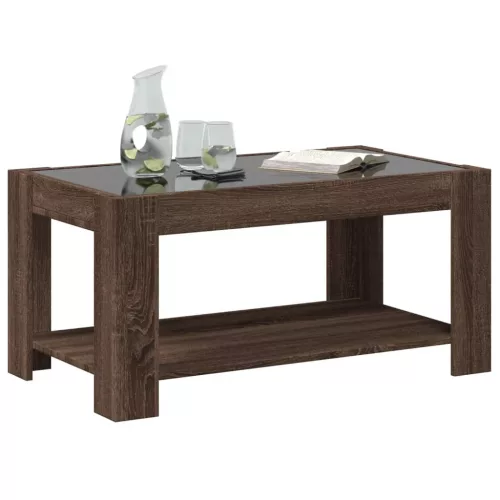 Barna tölgy szerelt fa dohányzóasztal LED-del 93 x 53 x 45 cm