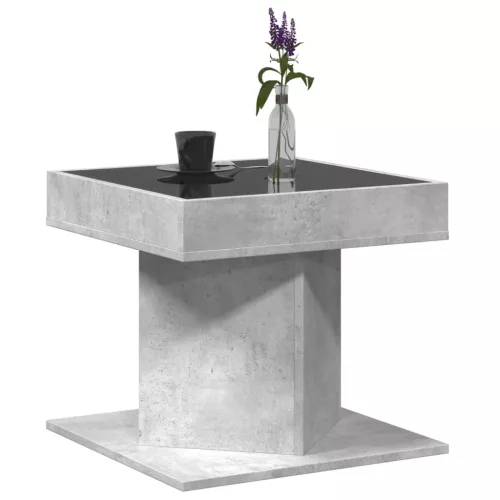Betonszürke szerelt fa dohányzóasztal LED-del 50 x 50 x 45 cm