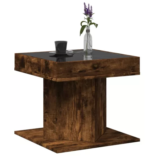 Füstös tölgy szerelt fa dohányzóasztal LED-del 50 x 50 x 45 cm