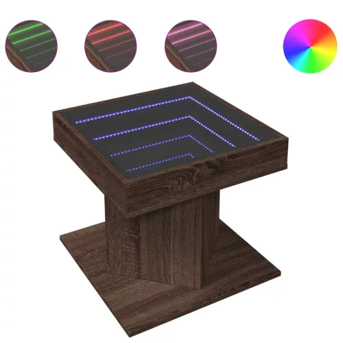 Barna tölgy szerelt fa dohányzóasztal LED-del 50 x 50 x 45 cm