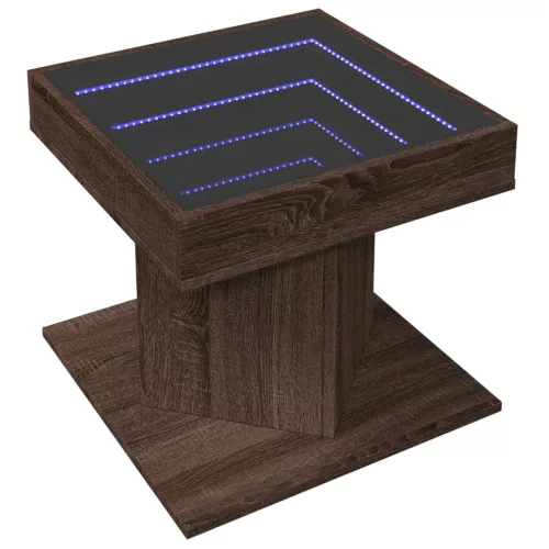 Barna tölgy szerelt fa dohányzóasztal LED-del 50 x 50 x 45 cm