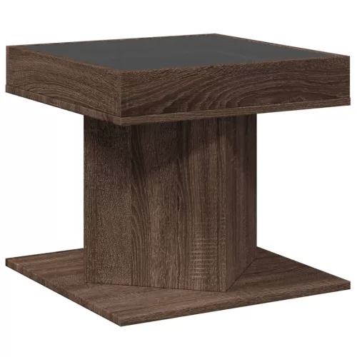 Barna tölgy szerelt fa dohányzóasztal LED-del 50 x 50 x 45 cm