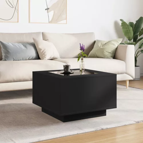 Fekete szerelt fa dohányzóasztal LED-lámpákkal 60 x 60 x 40 cm