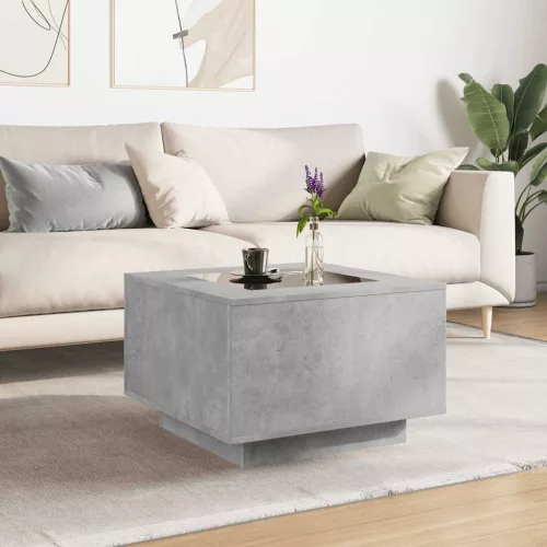 Betonszürke szerelt fa dohányzóasztal LED-del 60 x 60 x 40 cm