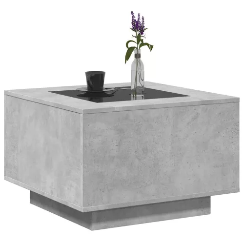 Betonszürke szerelt fa dohányzóasztal LED-del 60 x 60 x 40 cm