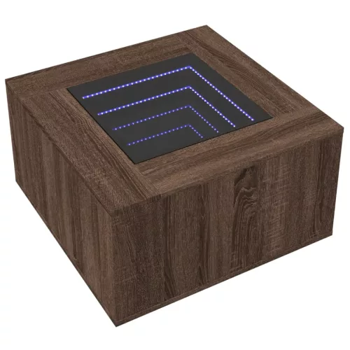 Barna tölgy szerelt fa dohányzóasztal LED-del 60 x 60 x 40 cm