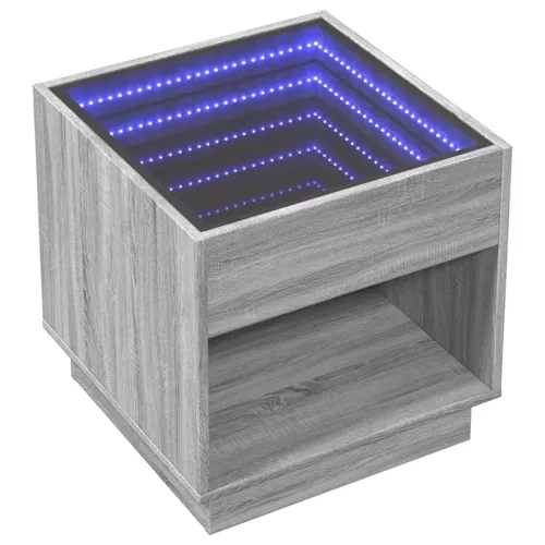 Szürke sonoma végtelen hatású LED-es dohányzóasztal 50x50x50 cm