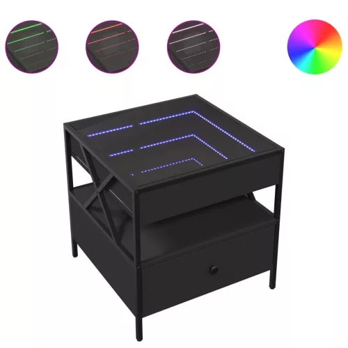 Fekete végtelen hatású LED-es dohányzóasztal 50 x 50 x 51 cm