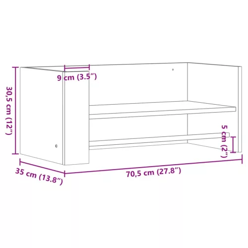 Betonszürke szerelt fa fali polc 70,5 x 35 x 30,5 cm