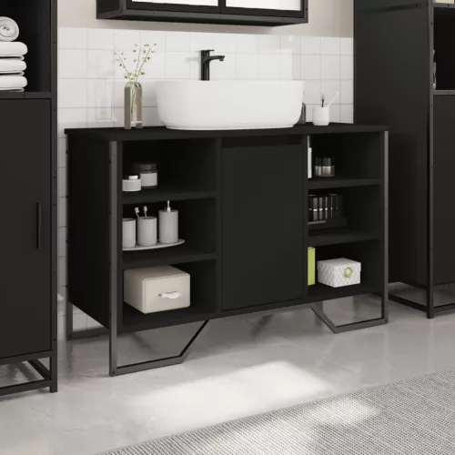 Fekete szerelt fa fürdőszobai mosdószekrény 91 x 35 x 60 cm