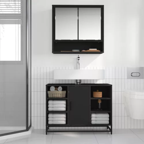 Fekete szerelt fa fürdőszobai mosdószekrény 80 x 33 x 60 cm