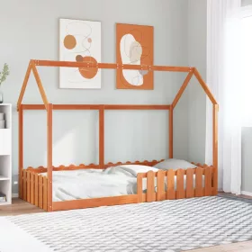   Viaszbarna tömör fenyőfa házikó gyerekágykeret 90 x 200 cm