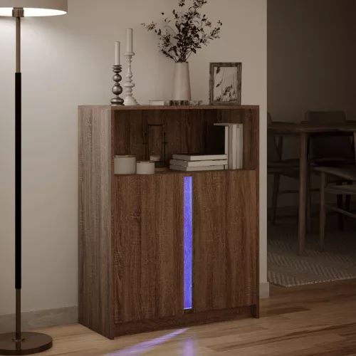 Barna tölgy szerelt fa tálalószekrény LED-del 77x34x100 cm