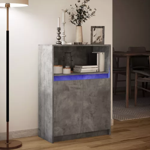 Betonszürke szerelt fa tálalószekrény LED-del 72x34x100 cm