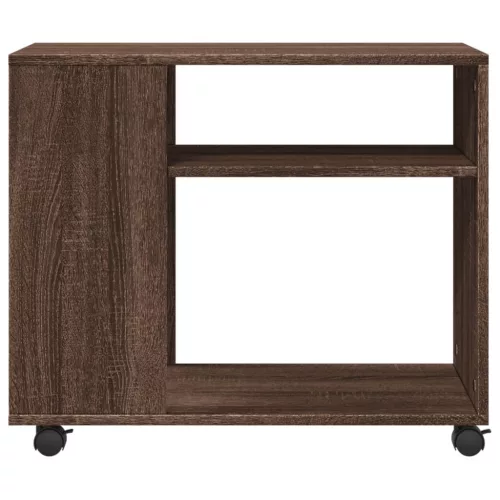 Barna tölgy színű szerelt fa kisasztal kerekekkel 70x35x60 cm